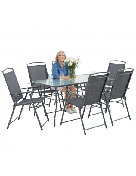 Stylowy zestaw mebli ogrodowych dla 6 osób: stół obiadowy + 6x składane krzesło Meven 5905842532533