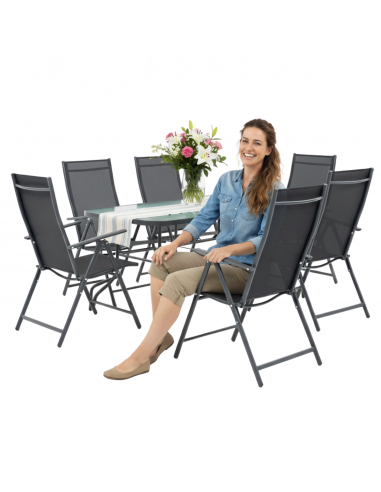 Duży zestaw komplet mebli ogrodowych dla 6 osób: stół szklany + 6x fotel regulowany 5905842532526