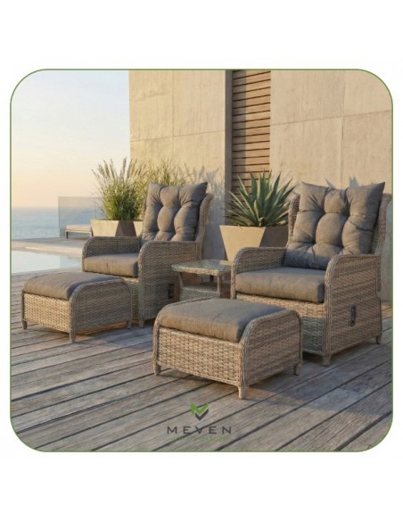 Meble na balkon, taras, do ogrodu dla 2 osób: 2x fotel + podnóżki + stolik Modena Meven  3