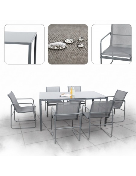 Zestaw grafitowych mebli ogrodowych: stół obiadowy + 6 krzeseł Lorca Meven 