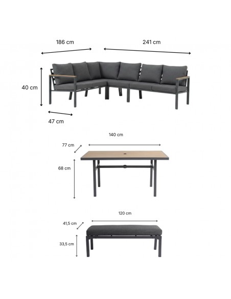 Zestaw mebli ogrodowych: narożnik + stół obiadowy + ławka z poduszkami Siena Meven  15