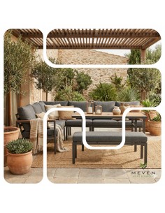 Zestaw mebli ogrodowych: narożnik + stół obiadowy + ławka z poduszkami Siena Meven  2