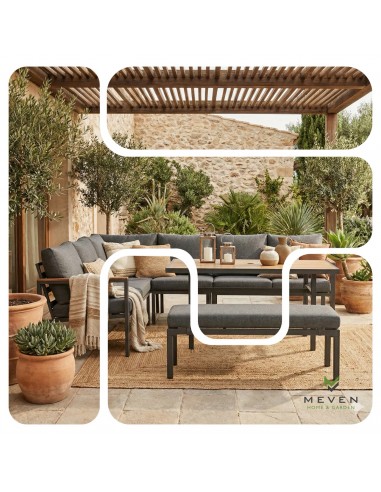 Zestaw mebli ogrodowych: narożnik + stół obiadowy + ławka z poduszkami Siena Meven  2