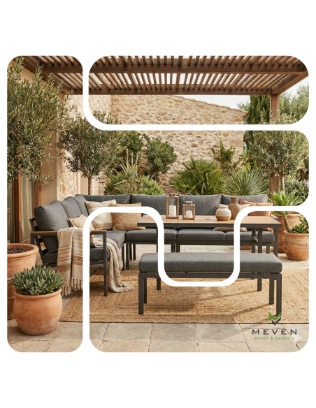 Zestaw mebli ogrodowych: narożnik + stół obiadowy + ławka z poduszkami Siena Meven  2