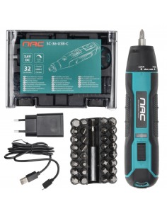 Akumulatorowy wkrętak 3,6 V z zestawem bitów NAC SC-36-USB-C 