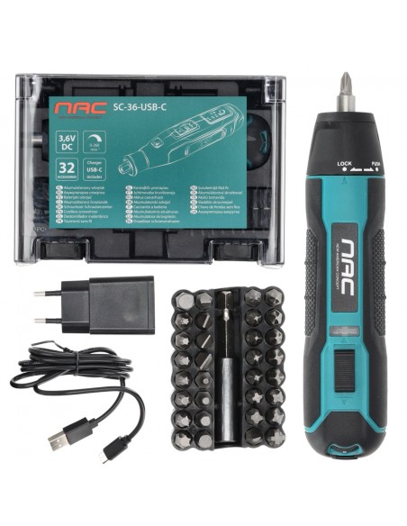 Akumulatorowy wkrętak 3,6 V z zestawem bitów NAC SC-36-USB-C 