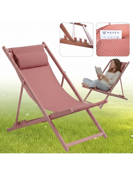 Klasyczny leżak ogrodowy plażowy rozkładany stalowa rama Vigo MEVEN pastelowy różowy  2