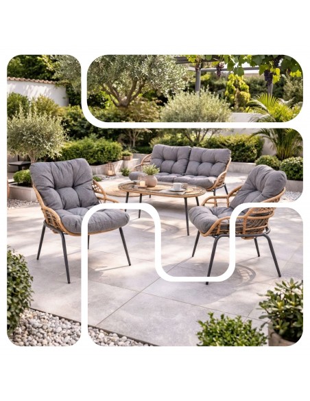 Elegancki zestaw mebli ogrodowych wypoczynkowych w stylu skandynawskim Meven Bari sofa, stolik kawowy, 2xfotel  2
