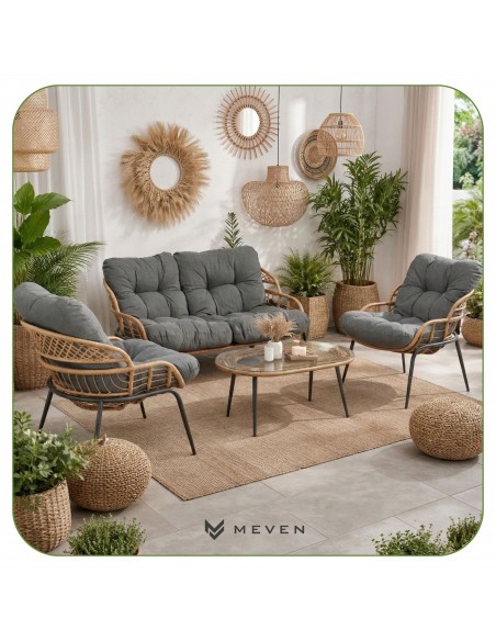 Elegancki zestaw mebli ogrodowych wypoczynkowych w stylu skandynawskim Meven Bari sofa, stolik kawowy, 2xfotel  3