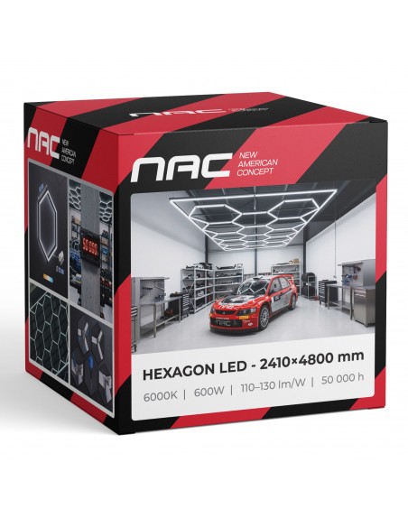 Modułowe oświetlenie sufitowe LED HEXAGON warsztatowe garażowe biurowe NAC-A0007H14R z ramą 2410×4800 mm, 6000 K 
