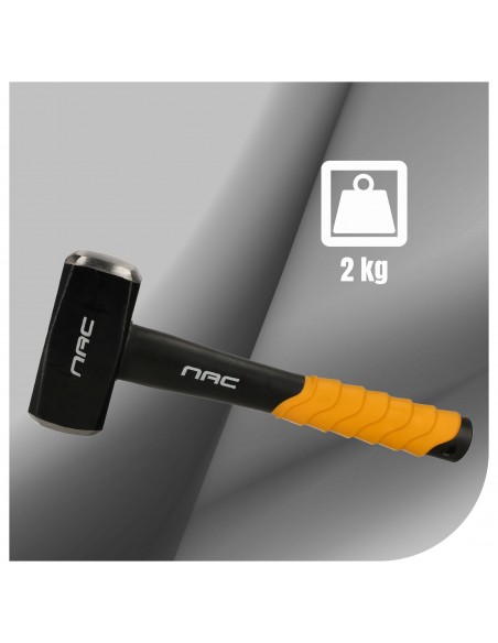 Obustronny masywny młotek kamieniarski z trzonkiem 5G Fiberglass 2000g NAC HM-200-ST-FB  2